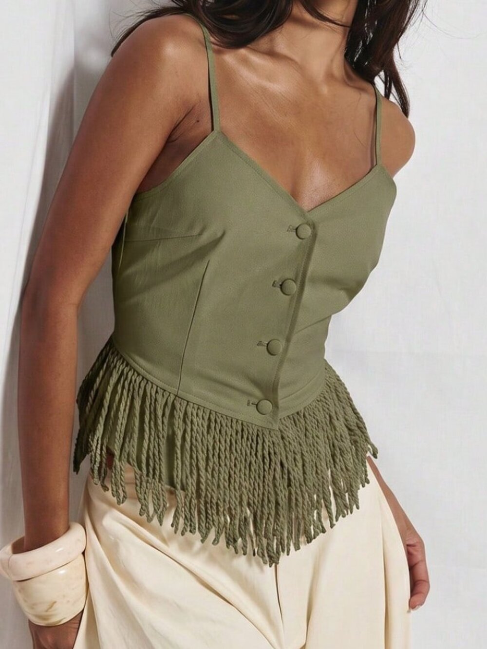 Casual Women's V Neck Button Detail Fringed Tassle Hem Top